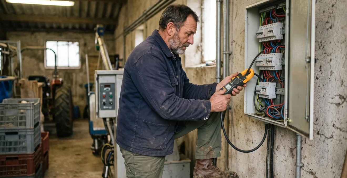 Agriculteur français utilisant une pince ampèremétrique pour mesurer la consommation électrique d'un câble dans un bâtiment agricole