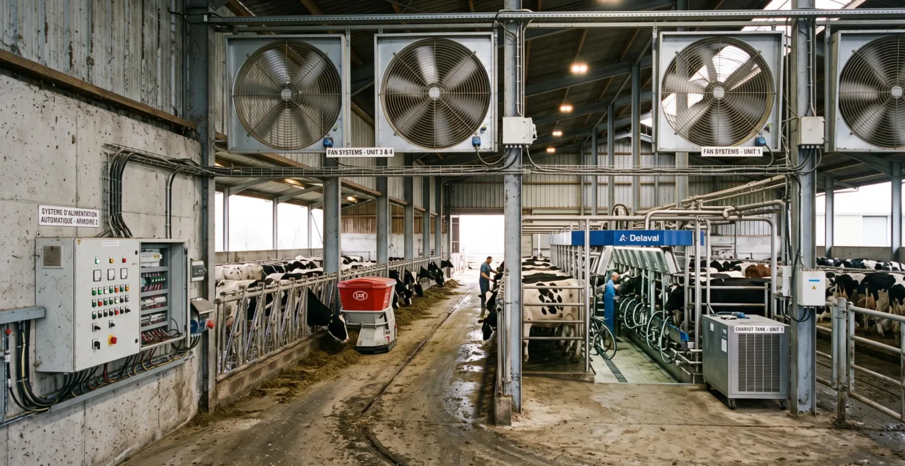 Vue intérieure d'un bâtiment d'élevage français montrant plusieurs équipements électriques en fonctionnement incluant ventilateurs et installations automatisées