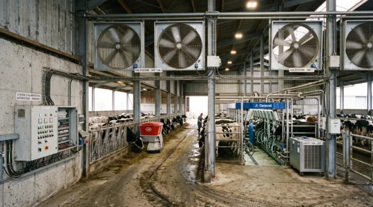 Vue intérieure d'un bâtiment d'élevage français montrant plusieurs équipements électriques en fonctionnement incluant ventilateurs et installations automatisées