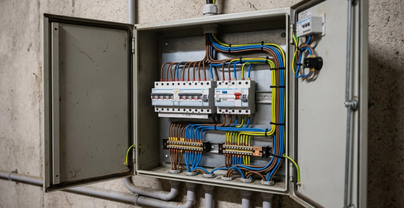 Tableau électrique ouvert dans un bâtiment agricole français montrant les disjoncteurs et le câblage de distribution électrique