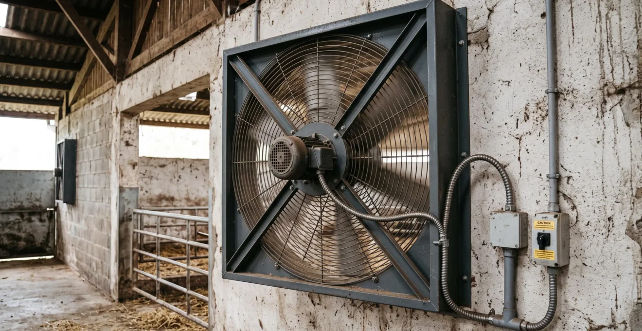 Système de ventilation industrielle installé sur le mur intérieur d'un bâtiment d'élevage français